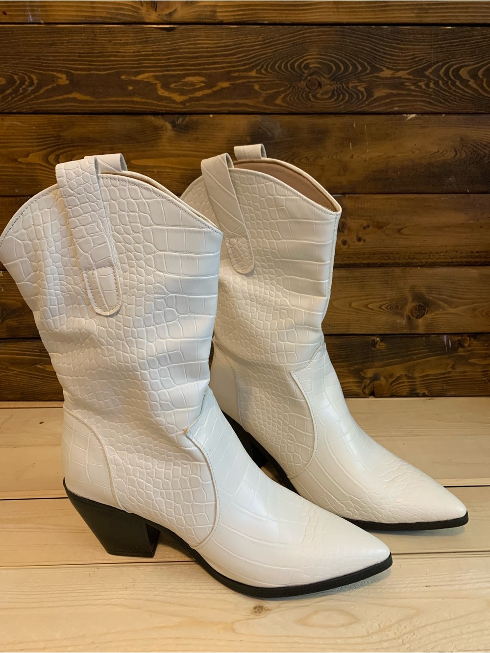 White Croc-Embossed Western Boots - Women